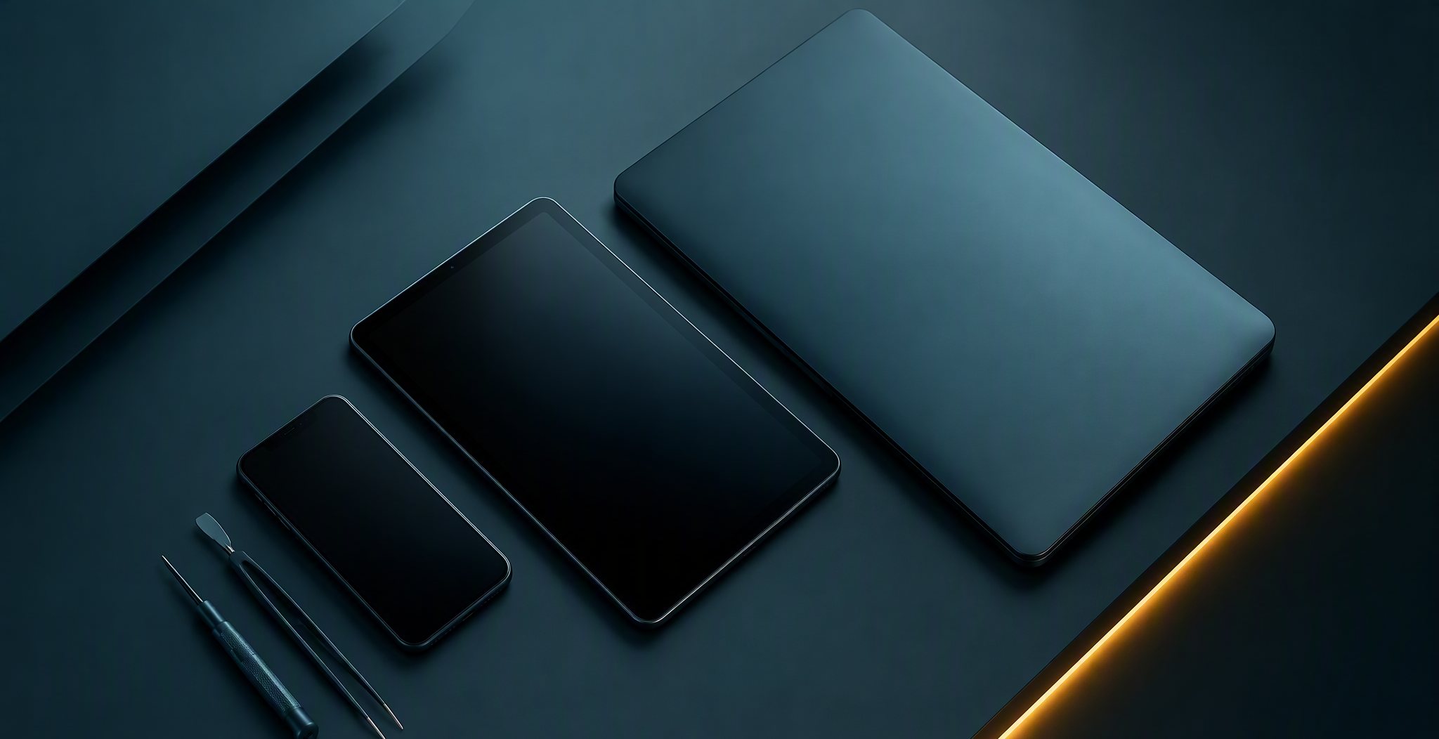 Tablet and precision electronics repair tools arranged on a work surface