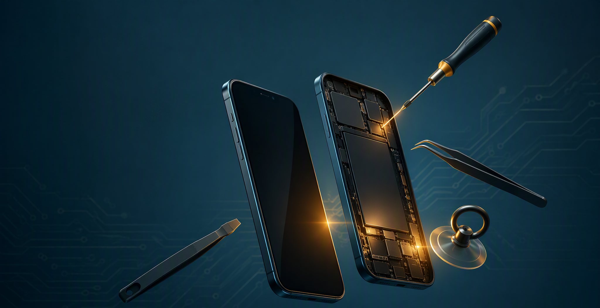 Smartphone opened for repair beside precision repair tools