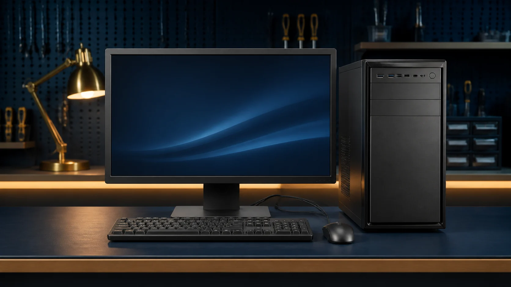Desktop computer tower, monitor, keyboard, and mouse on an electronics repair workbench