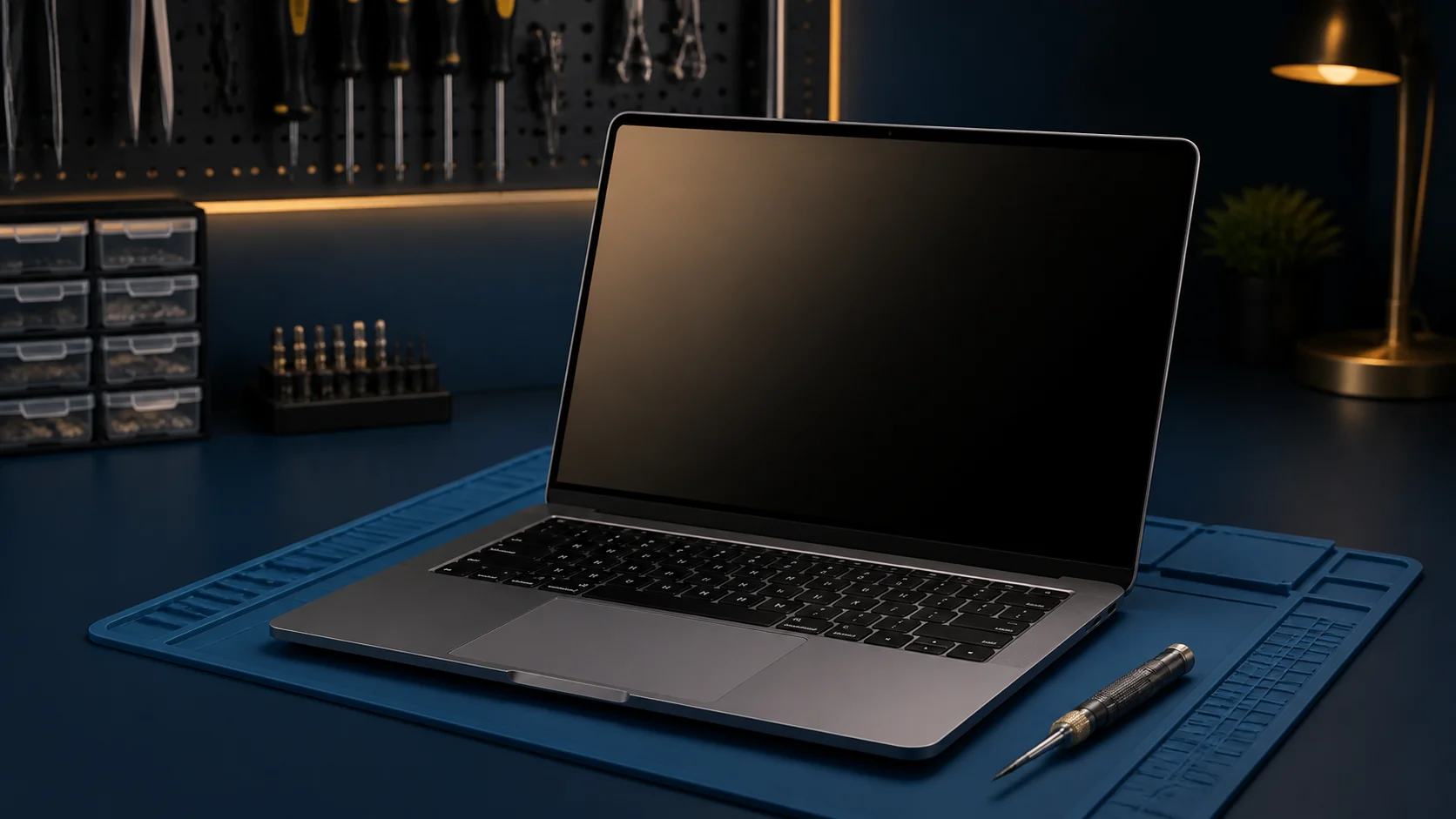 Laptop on an electronics repair workbench beside a precision screwdriver