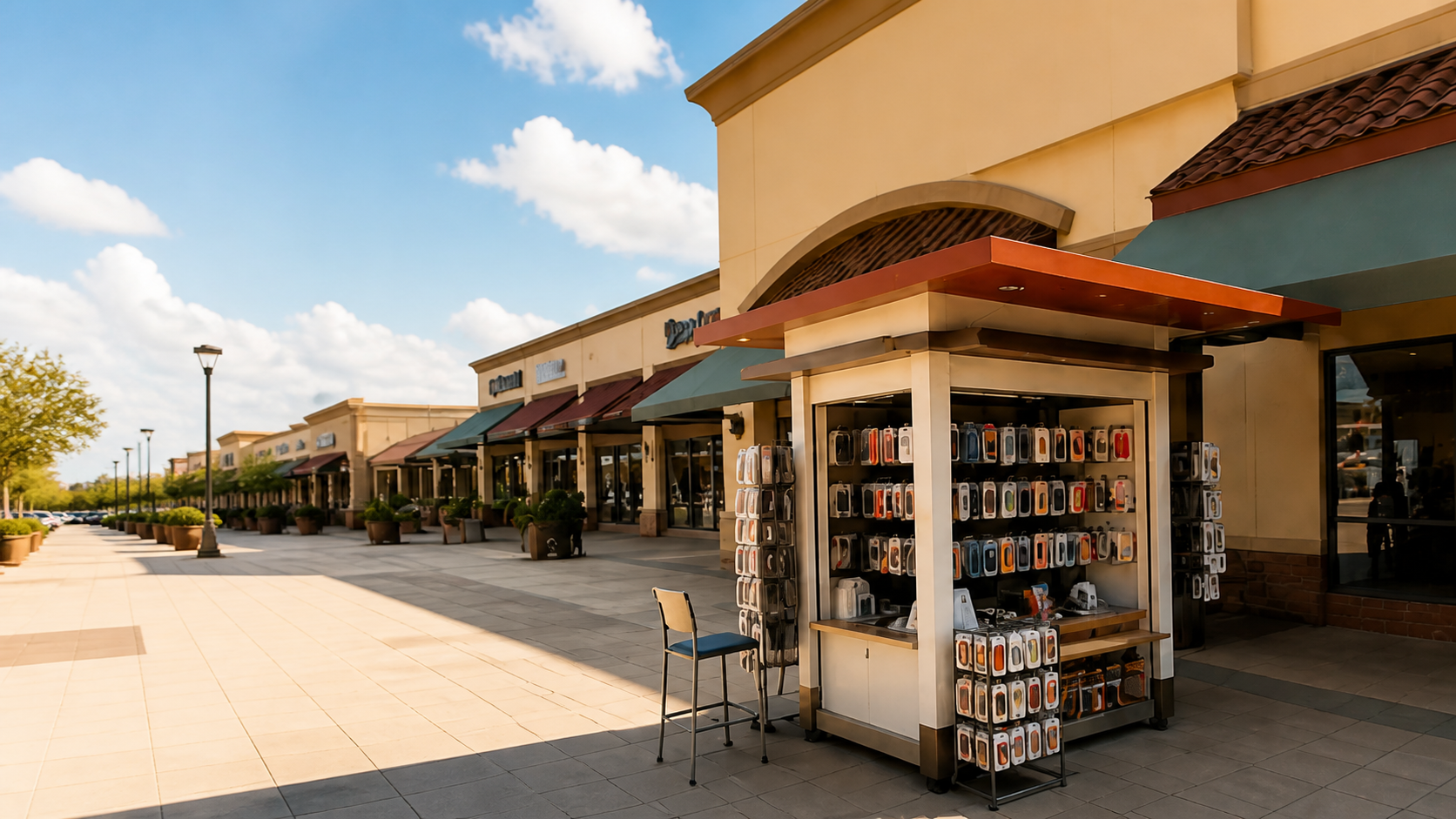 Shopping center walkway with a mobile accessories kiosk